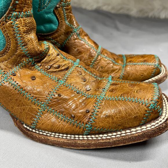 Vtg Circle G Boots Womens Sz 8.5M Western Square Toe Turquoise & Brown Cowgirl - Picture 3 of 16